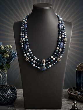 LUCAS LAMETH Sterling Triple-Strand Faceted Sodalite & Cultured Pearl Necklace